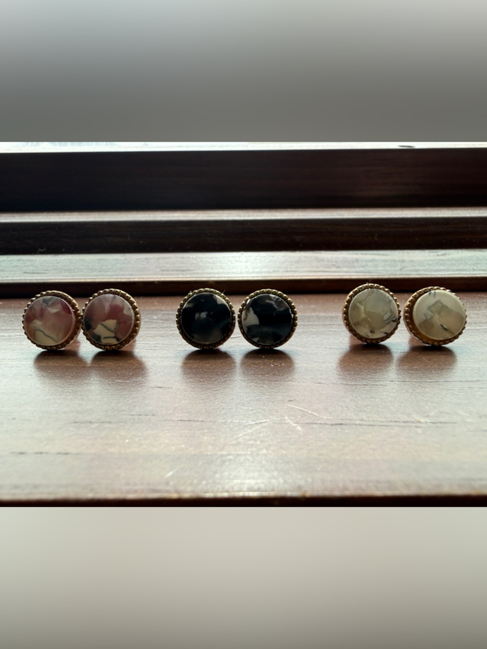 Round Stud Earrings Set (3 pairs) - Black, Ivory & Pink Tones